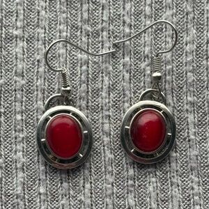 Vintage silver tone round red gemstone dangle earrings